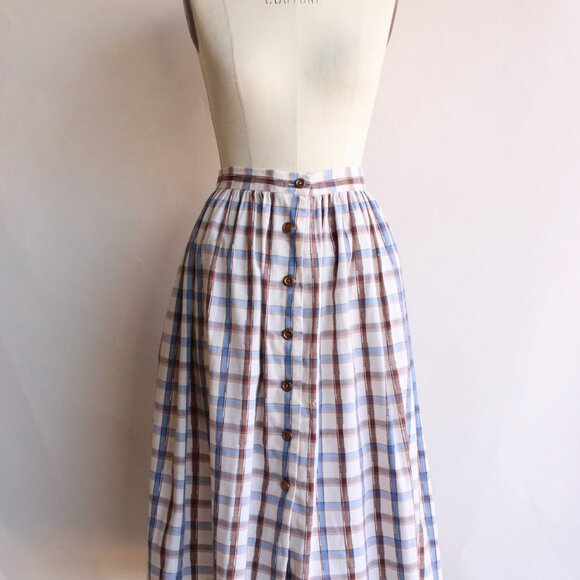 Vintage 1960s 1970s Skirt, Plaid Blue and Brown Check Tartan Full Circle Skirt - Picture 2 of 10